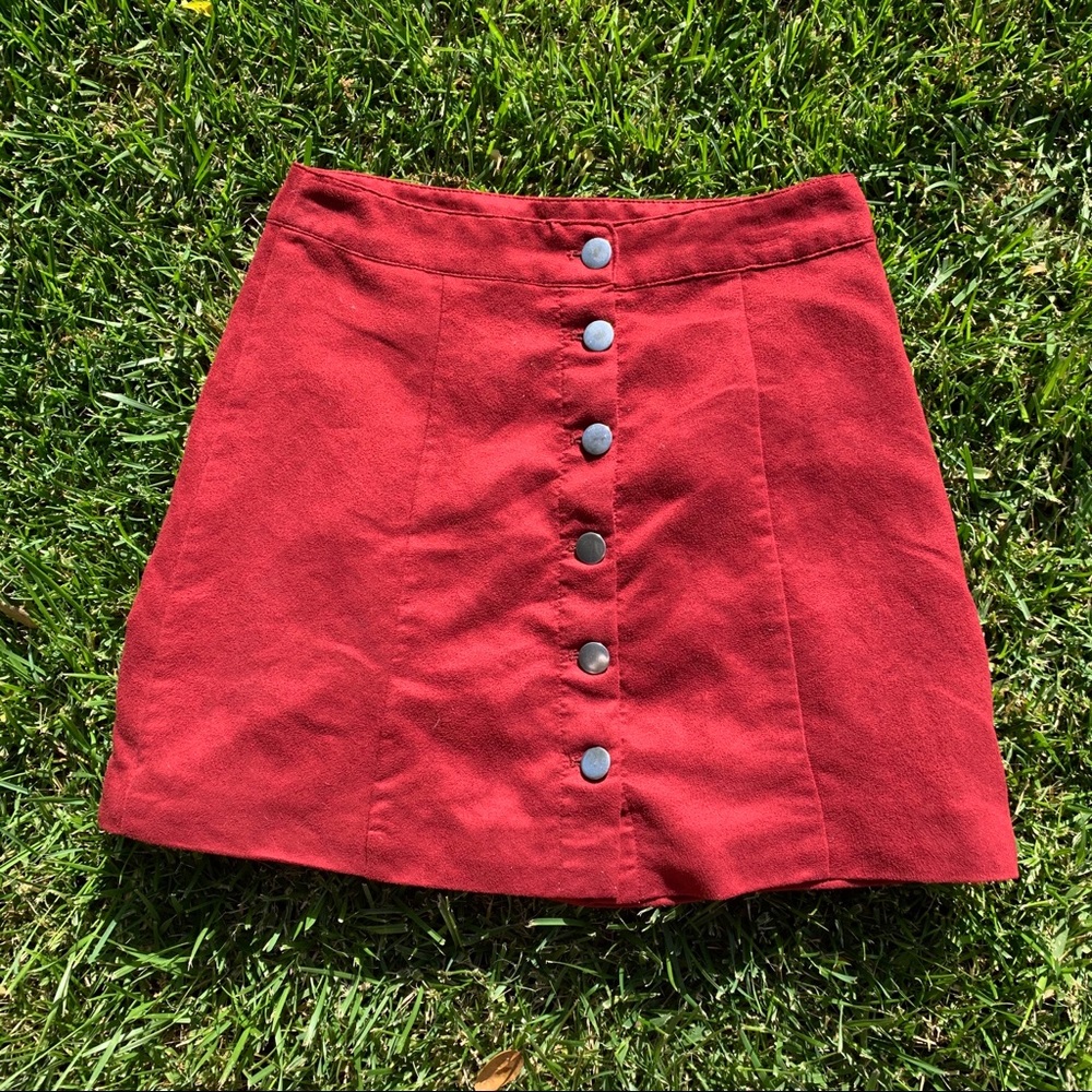 Faux suede red button-up mini skirt